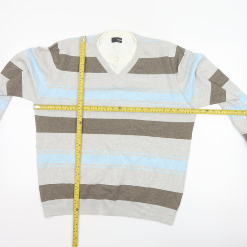 Next Men’s Grey Blue Brown Striped V-Neck Pullover Jumper Large