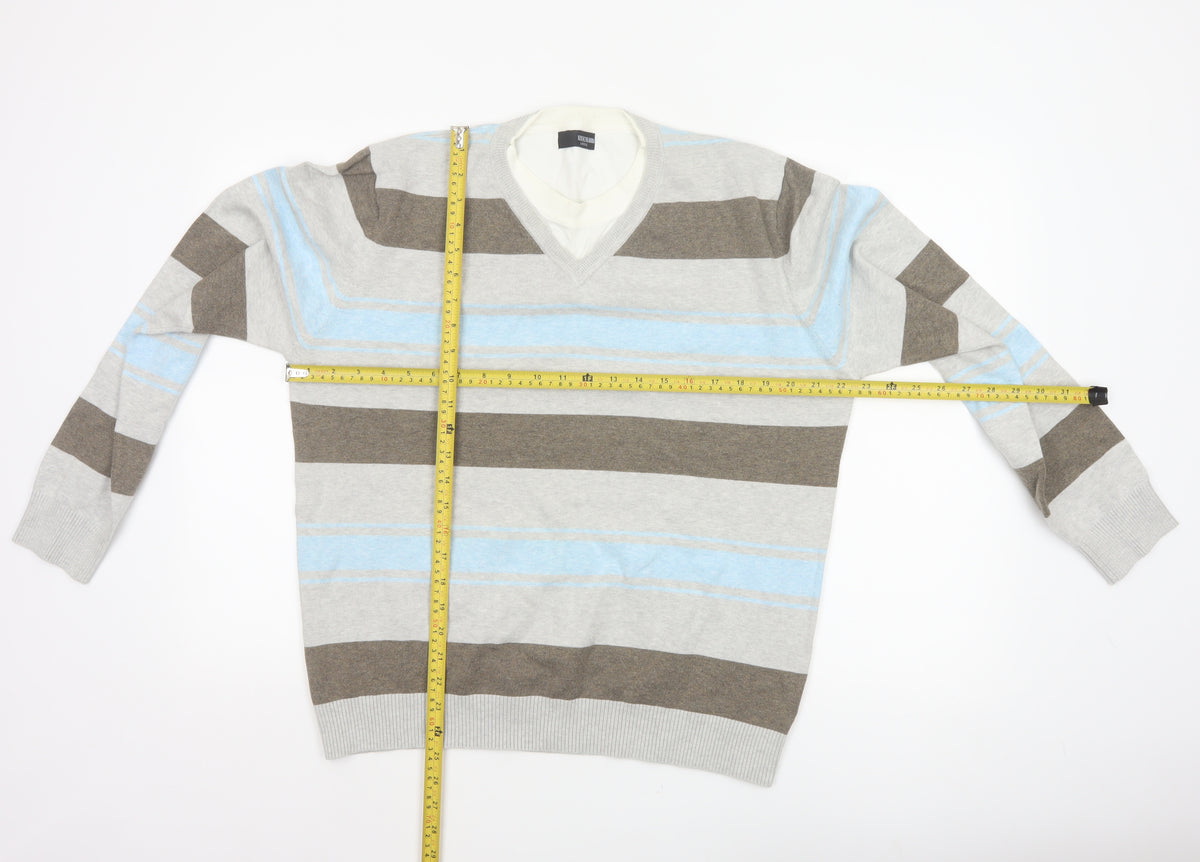 Next Men’s Grey Blue Brown Striped V-Neck Pullover Jumper Large