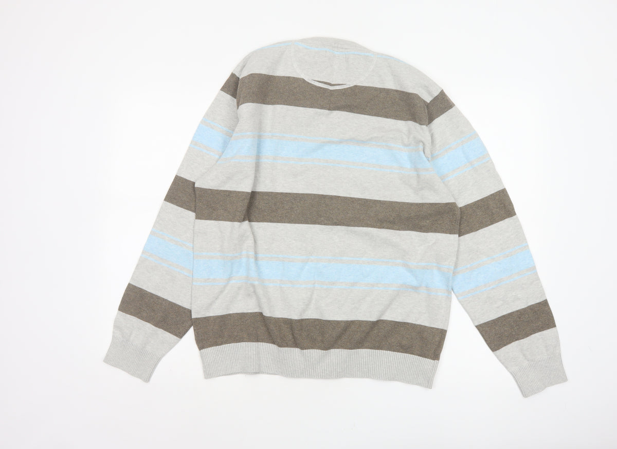 Next Men’s Grey Blue Brown Striped V-Neck Pullover Jumper Large