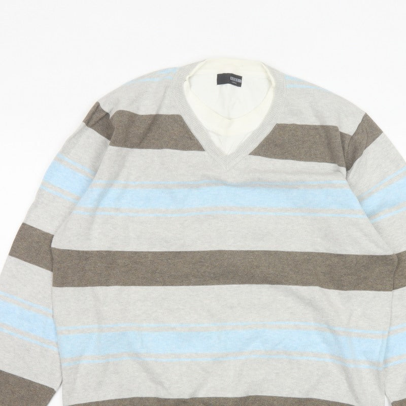 Next Men’s Grey Blue Brown Striped V-Neck Pullover Jumper Large