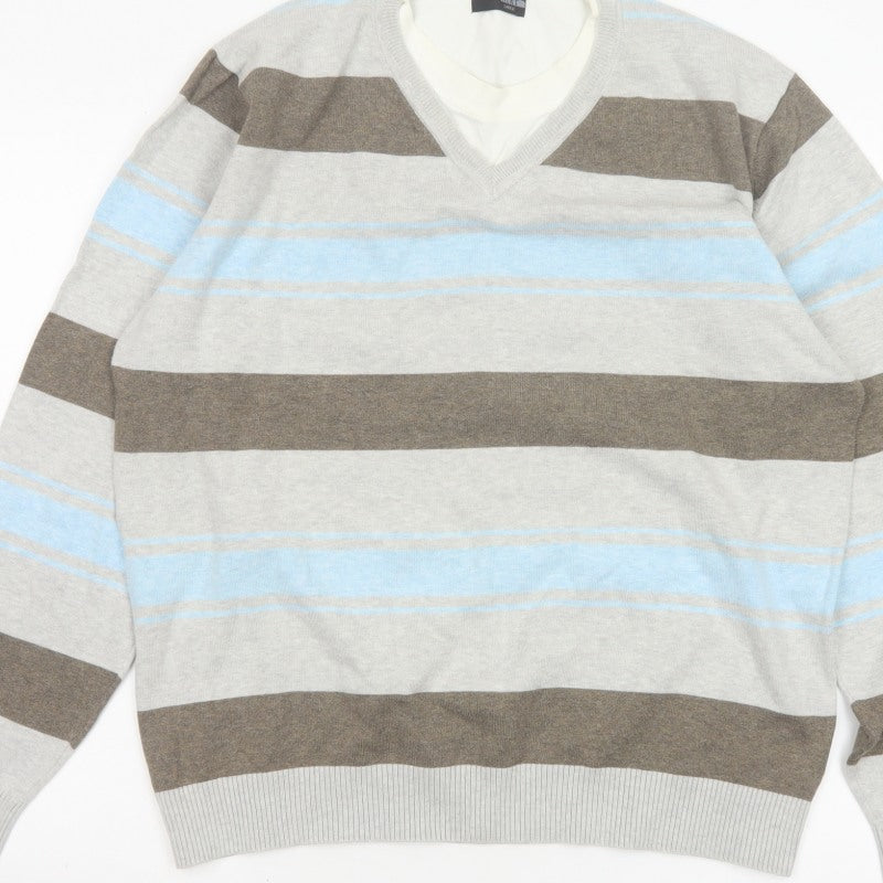 Next Men’s Grey Blue Brown Striped V-Neck Pullover Jumper Large