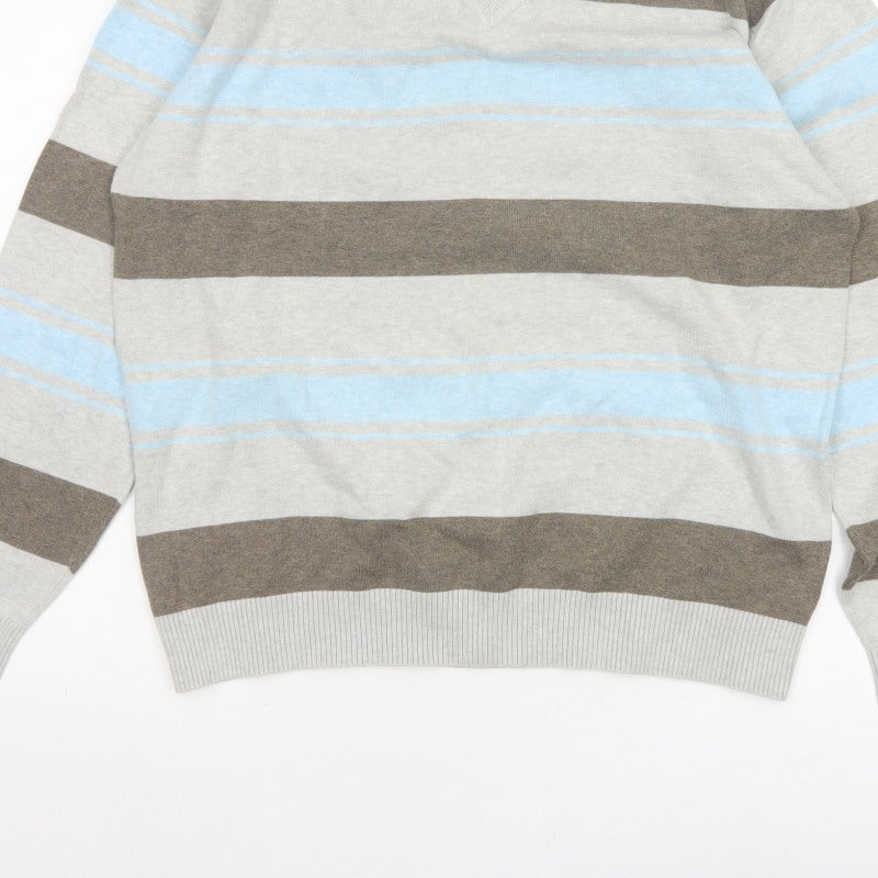 Next Men’s Grey Blue Brown Striped V-Neck Pullover Jumper Large