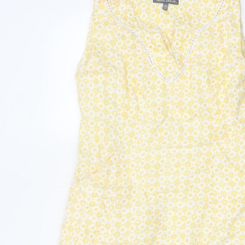 Laura Ashley Women Yellow Floral Linen UK 8 Sleeveless Shift Midi Dress