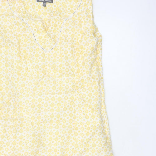 Laura Ashley Women Yellow Floral Linen UK 8 Sleeveless Shift Midi Dress