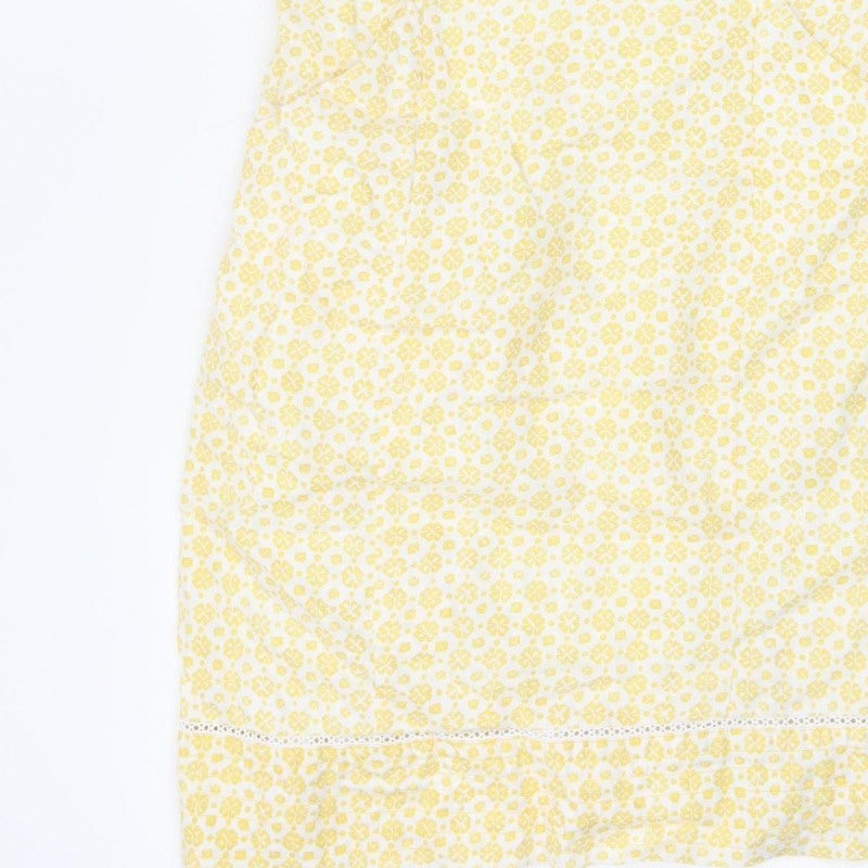 Laura Ashley Women Yellow Floral Linen UK 8 Sleeveless Shift Midi Dress