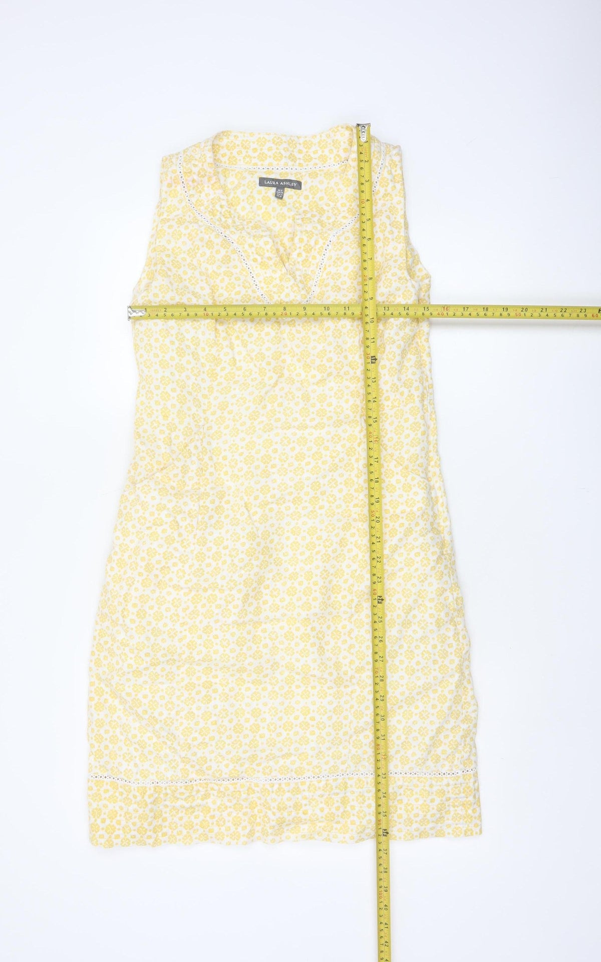 Laura Ashley Women Yellow Floral Linen UK 8 Sleeveless Shift Midi Dress
