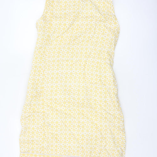 Laura Ashley Women Yellow Floral Linen UK 8 Sleeveless Shift Midi Dress
