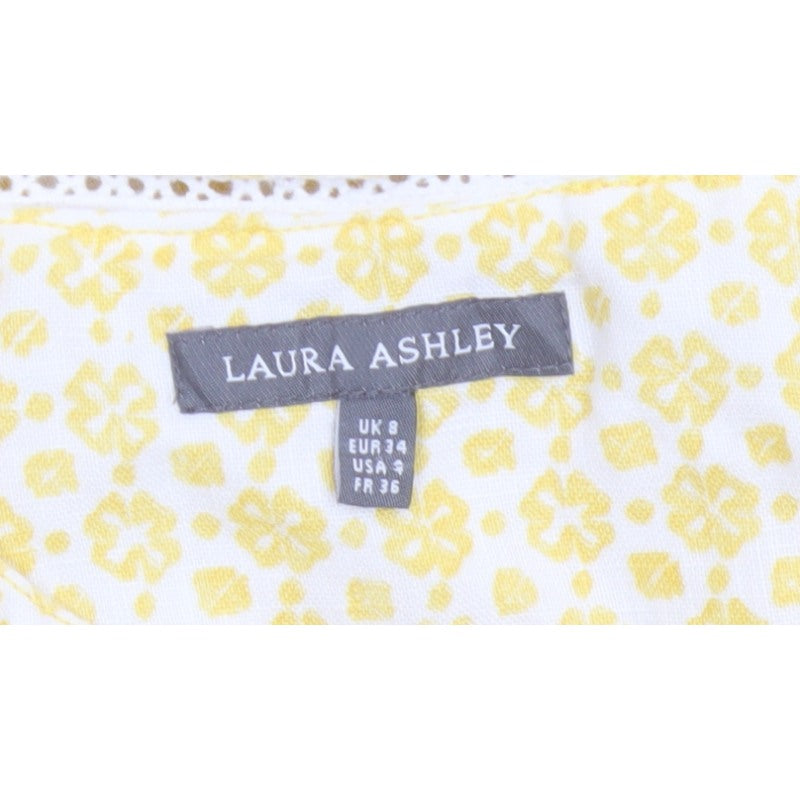Laura Ashley Women Yellow Floral Linen UK 8 Sleeveless Shift Midi Dress