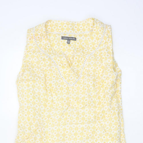 Laura Ashley Women Yellow Floral Linen UK 8 Sleeveless Shift Midi Dress