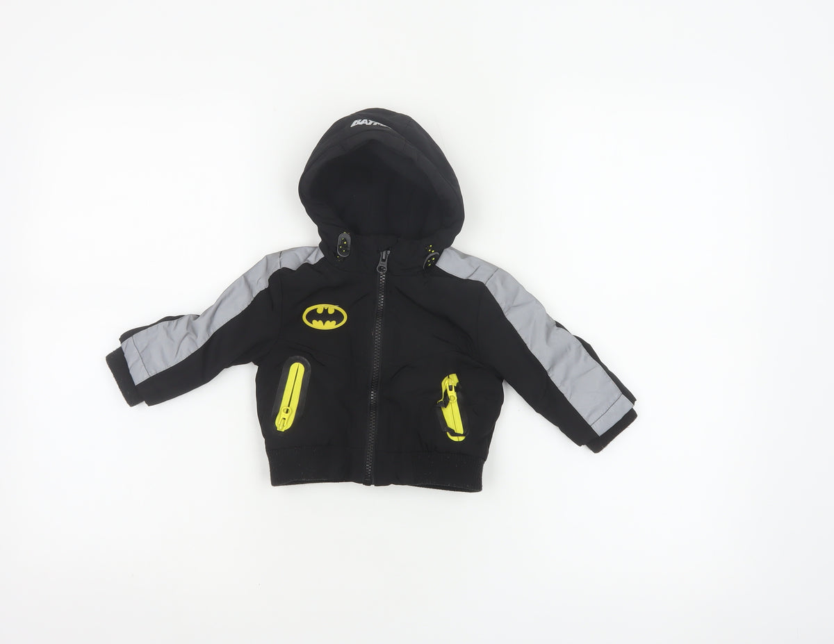 Back view of Batman boys’ black 3-6 months hooded ski jacket reflective logo