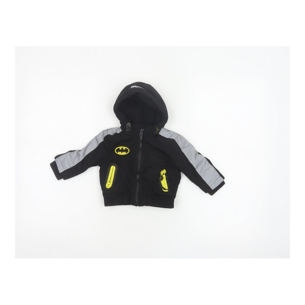 Front view of Batman boys’ black 3-6 months hooded ski jacket reflective logo