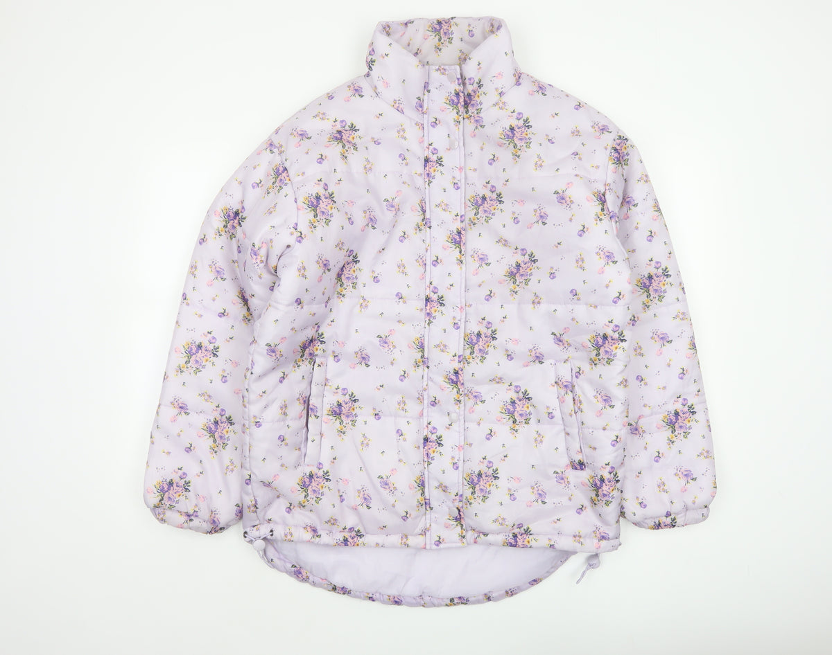 Back view of SIR Women’s Purple Floral Puffer Jacket, size S, Quilted