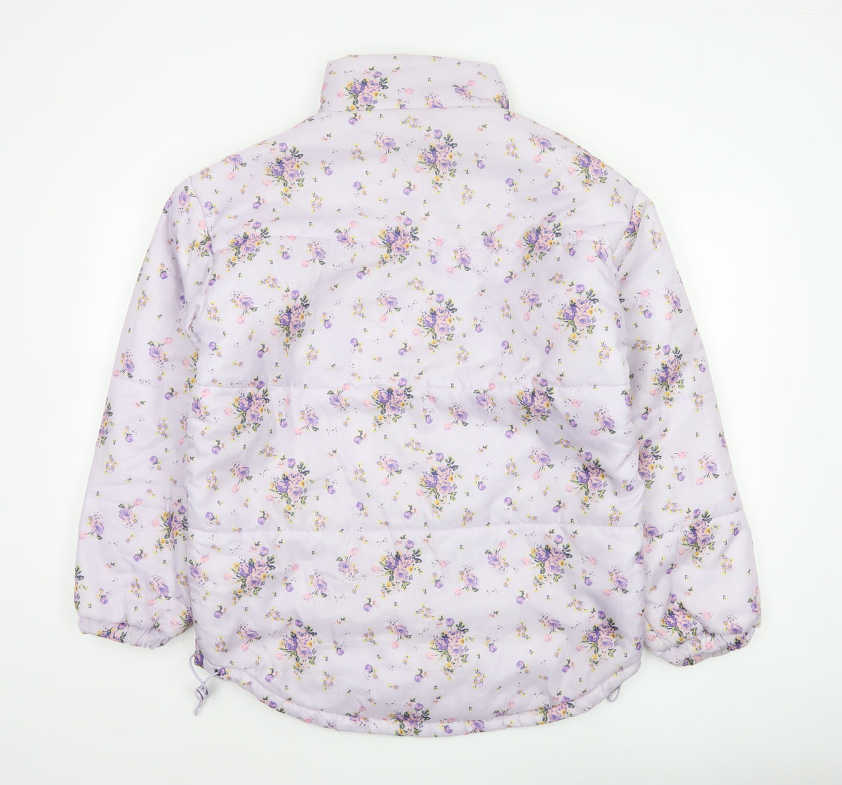 Brand and care label for SIR Women’s Purple Floral Puffer Jacket, size S, Quilted