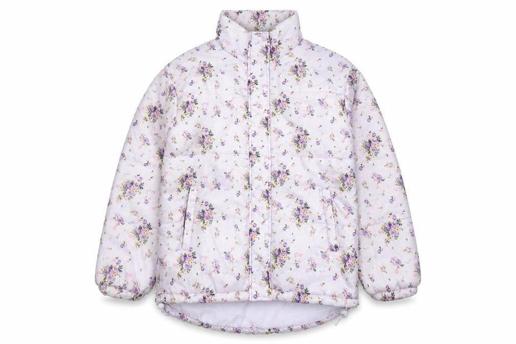 Front view of SIR Women’s Purple Floral Puffer Jacket, size S, Quilted