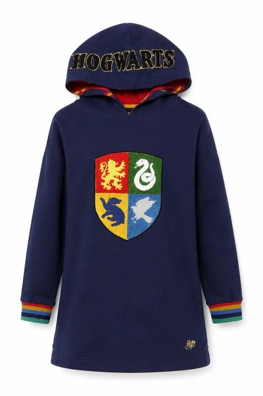 Front view of Mini Boden girls’ blue 9-10 years harry potter hogwarts pullover tunic hoodie