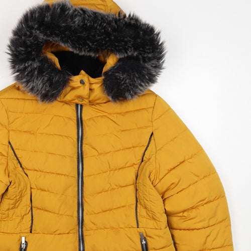 New Look Women Yellow UK 16 Puffer Jacket Faux Fur Hood