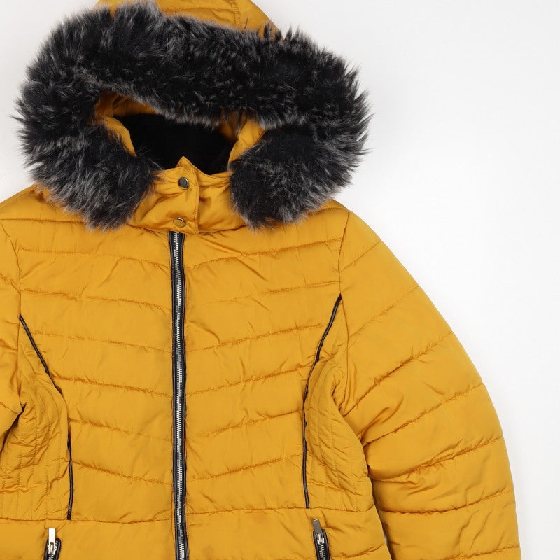 New Look Women Yellow UK 16 Puffer Jacket Faux Fur Hood