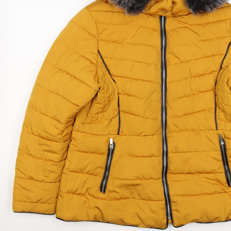 New Look Women Yellow UK 16 Puffer Jacket Faux Fur Hood