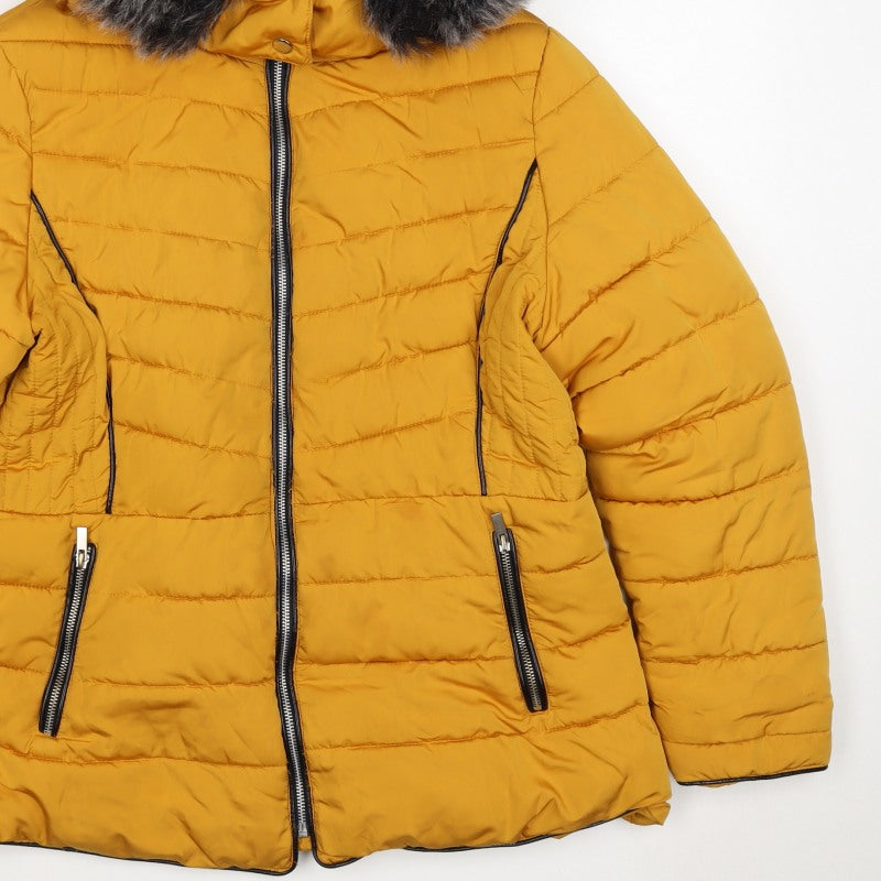 New Look Women Yellow UK 16 Puffer Jacket Faux Fur Hood