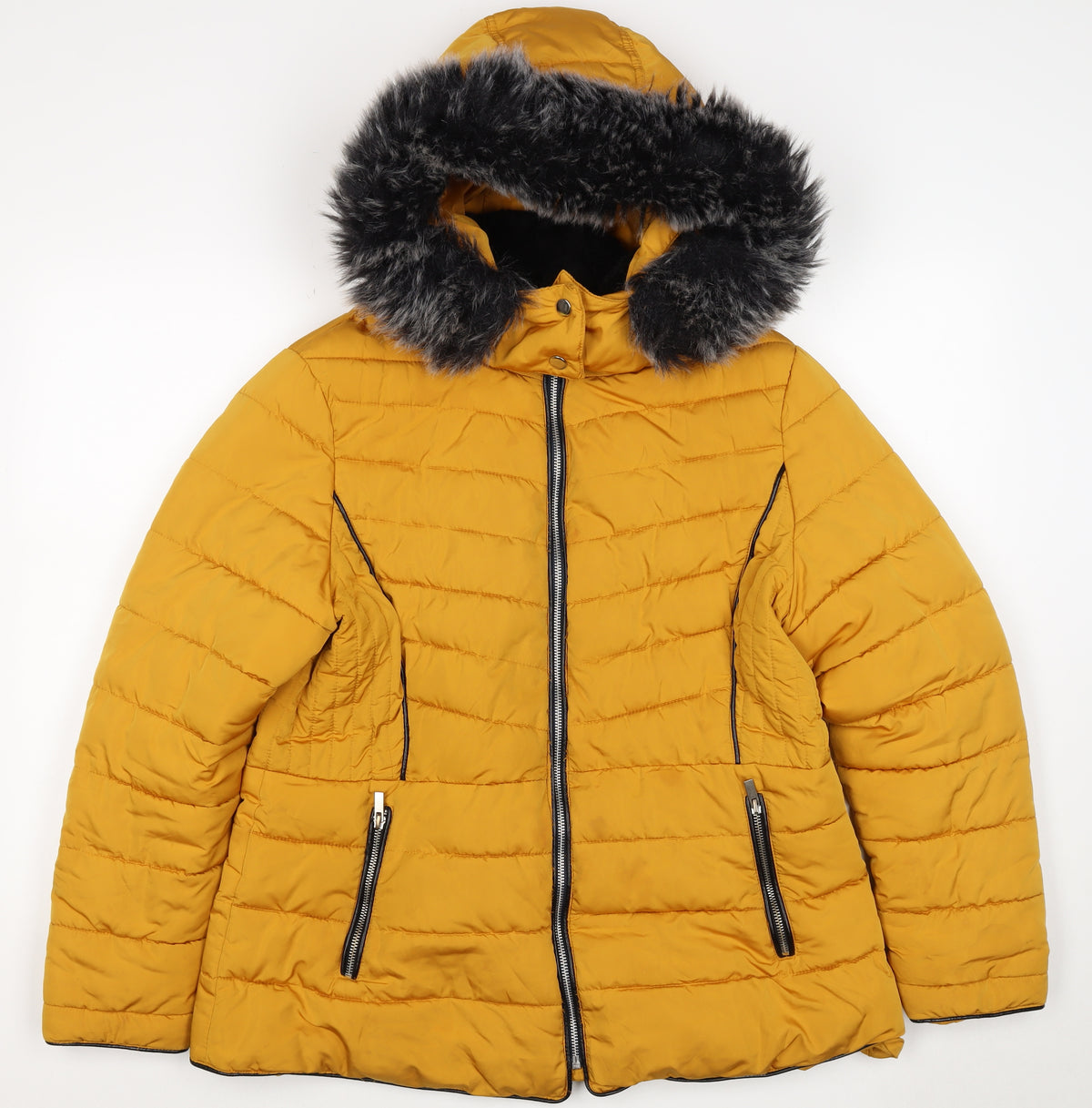 New Look Women Yellow UK 16 Puffer Jacket Faux Fur Hood
