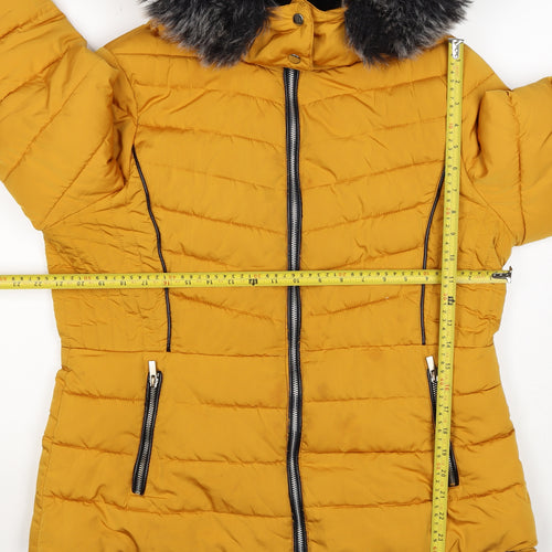 New Look Women Yellow UK 16 Puffer Jacket Faux Fur Hood