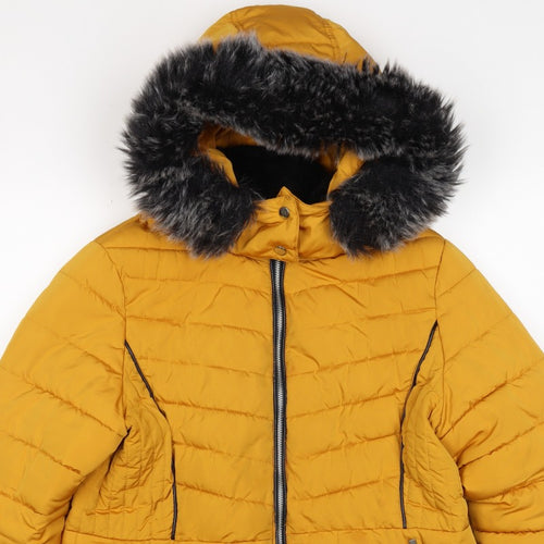 New Look Women Yellow UK 16 Puffer Jacket Faux Fur Hood