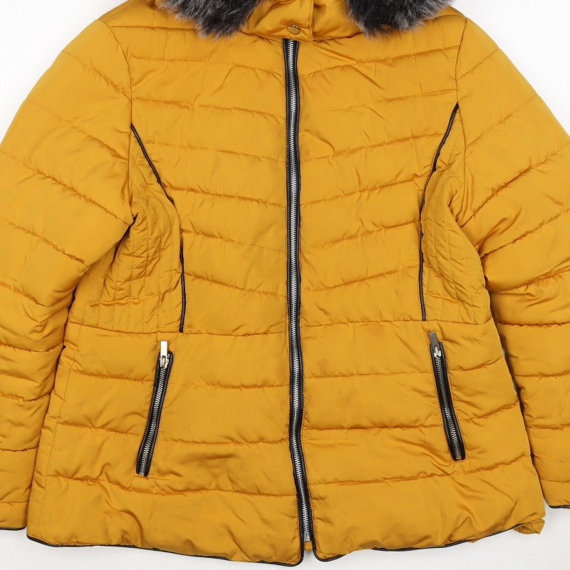 New Look Women Yellow UK 16 Puffer Jacket Faux Fur Hood