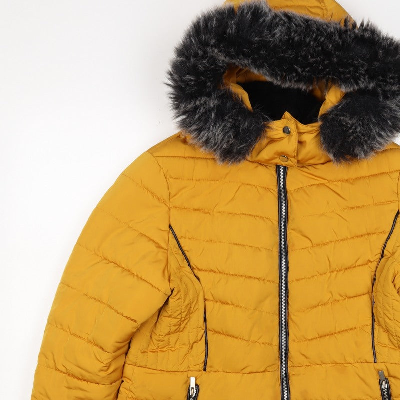 New Look Women Yellow UK 16 Puffer Jacket Faux Fur Hood