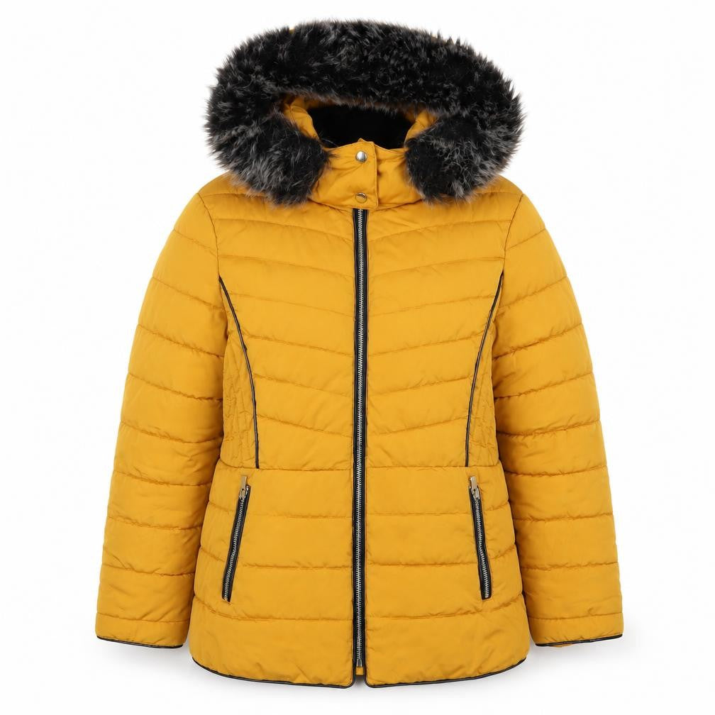 New Look Women Yellow UK 16 Puffer Jacket Faux Fur Hood