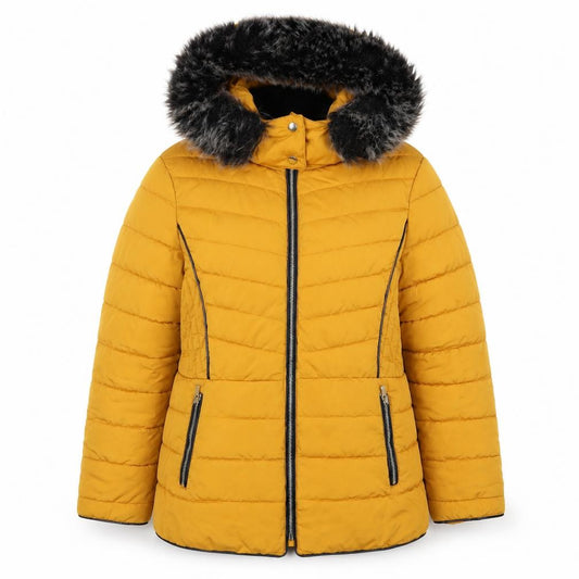 New Look Women Yellow UK 16 Puffer Jacket Faux Fur Hood