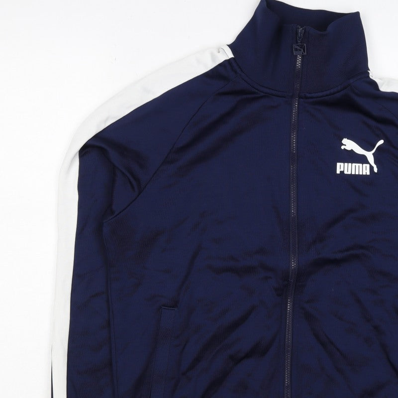 Puma Men's Blue M Full Zip Track Sweatshirt White Stripe Pockets