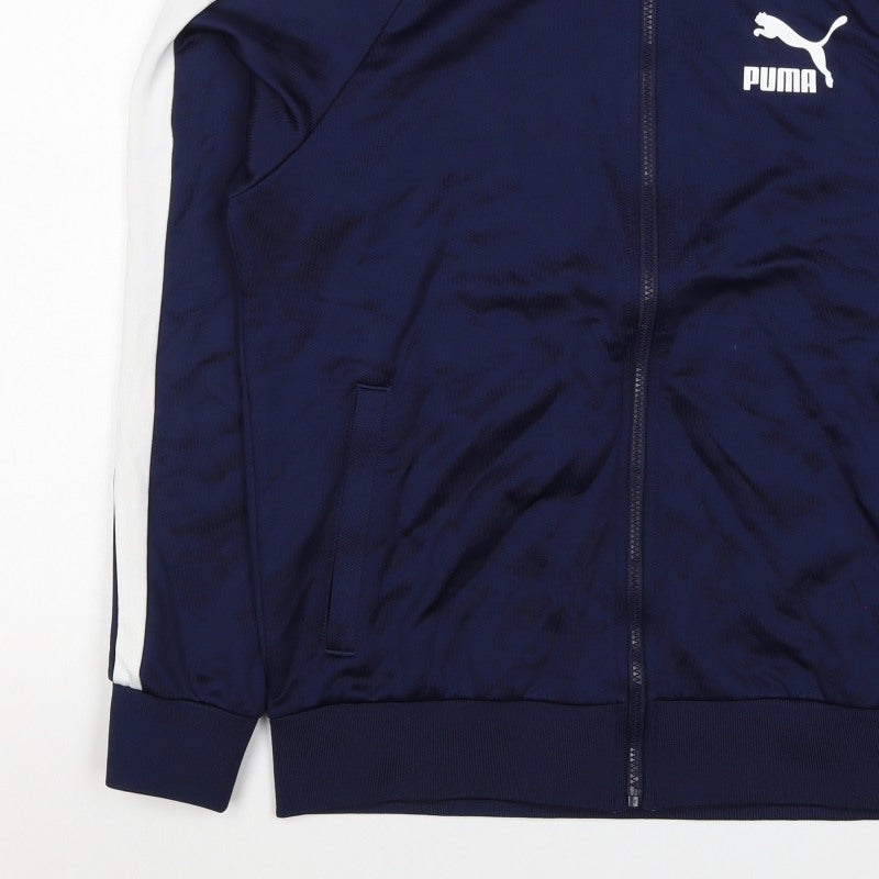 Puma Men's Blue M Full Zip Track Sweatshirt White Stripe Pockets