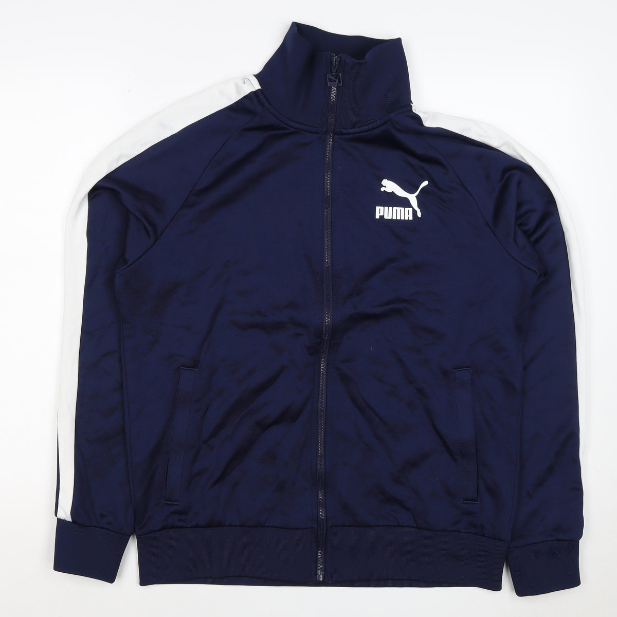 Puma Men's Blue M Full Zip Track Sweatshirt White Stripe Pockets