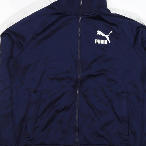 Puma Men's Blue M Full Zip Track Sweatshirt White Stripe Pockets