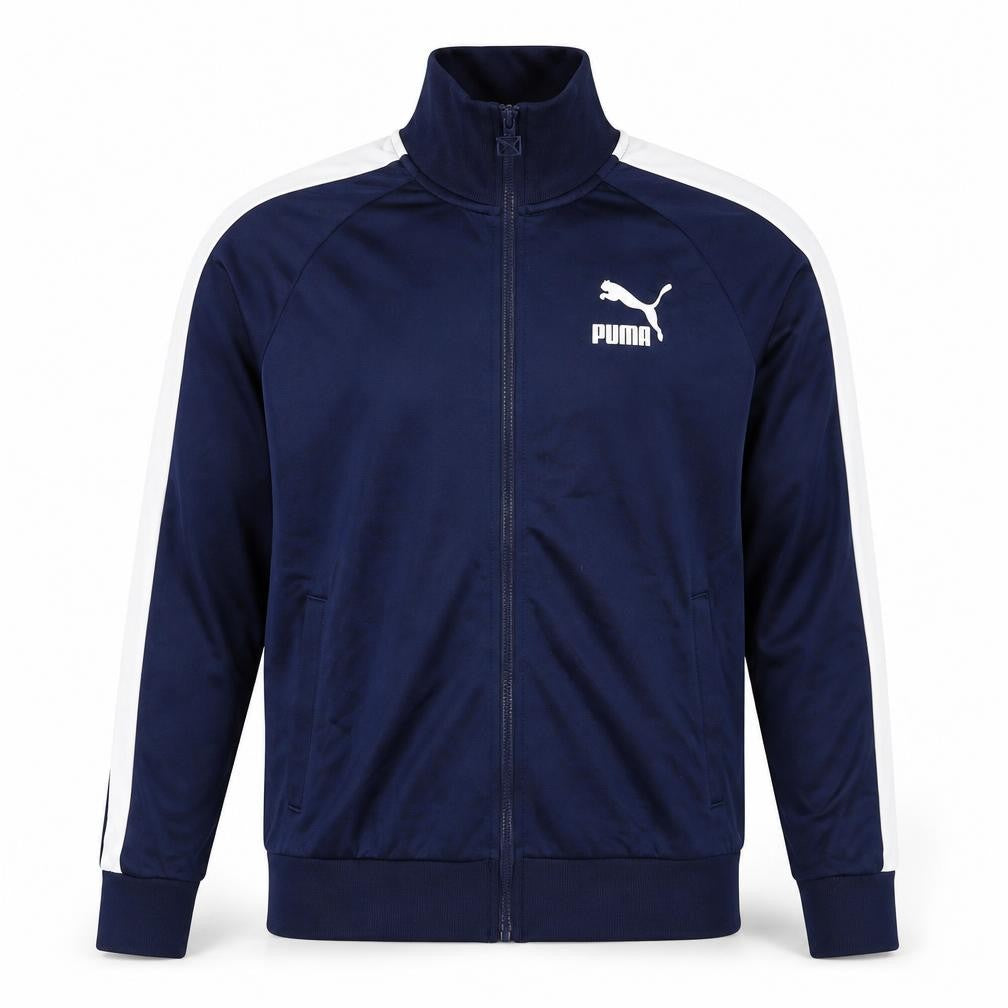 Puma Men's Blue M Full Zip Track Sweatshirt White Stripe Pockets