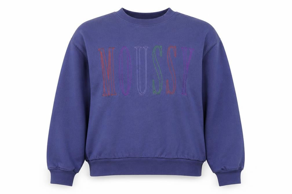 Front view of Mousy Women’s Blue One Size Pullover Sweatshirt Embroidered Logo