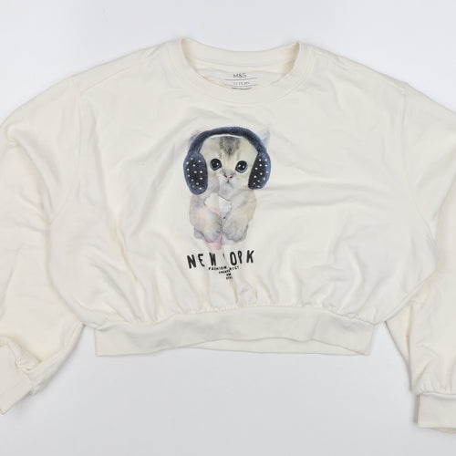 Marks and Spencer Girls Ivory Cat Graphic Rhinestone Pullover Sweatshirt 11-12