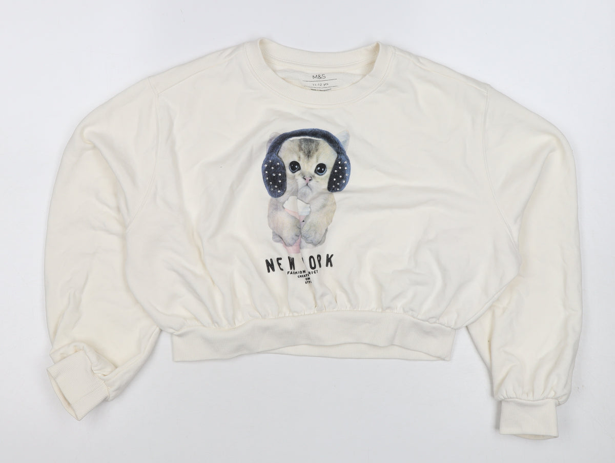 Marks and Spencer Girls Ivory Cat Graphic Rhinestone Pullover Sweatshirt 11-12