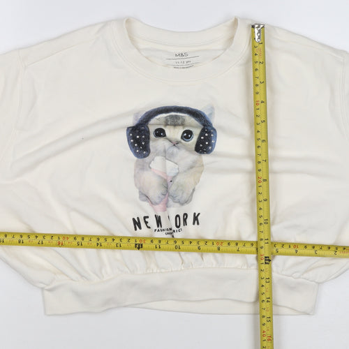 Marks and Spencer Girls Ivory Cat Graphic Rhinestone Pullover Sweatshirt 11-12