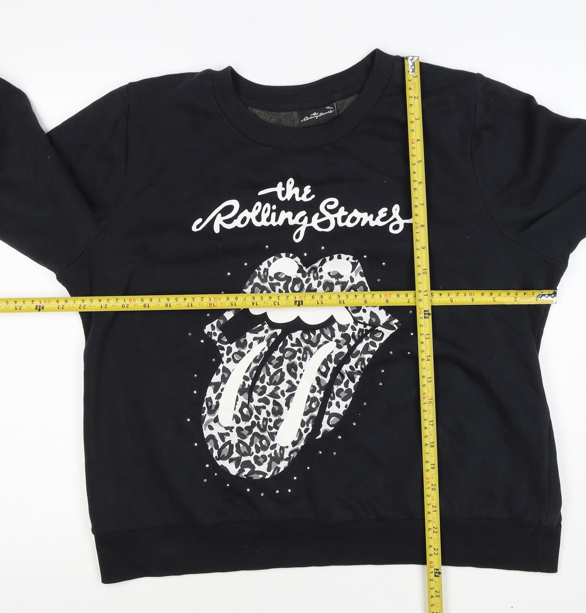 Brand and care label for The Rolling Stones Women’s Black, size UK 16, Leopard Logo Sweatshirt
