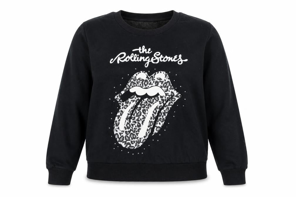 Front view of The Rolling Stones Women’s Black, size UK 16, Leopard Logo Sweatshirt