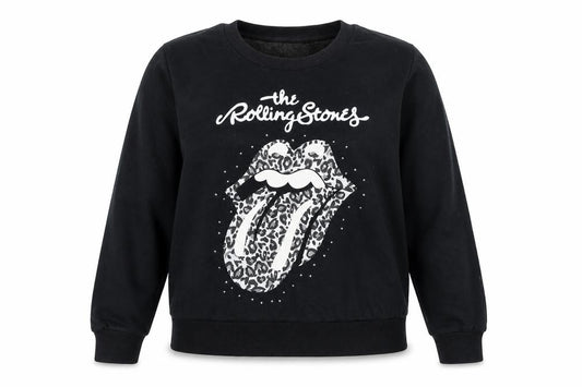 Front view of The Rolling Stones Women’s Black, size UK 16, Leopard Logo Sweatshirt