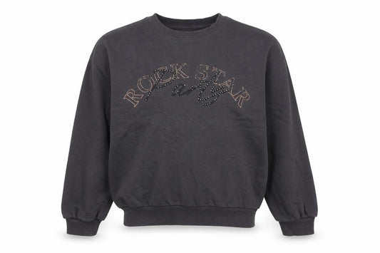 Front view of F&F girls’ black 12-13 years rock star party rhinestone sweatshirt