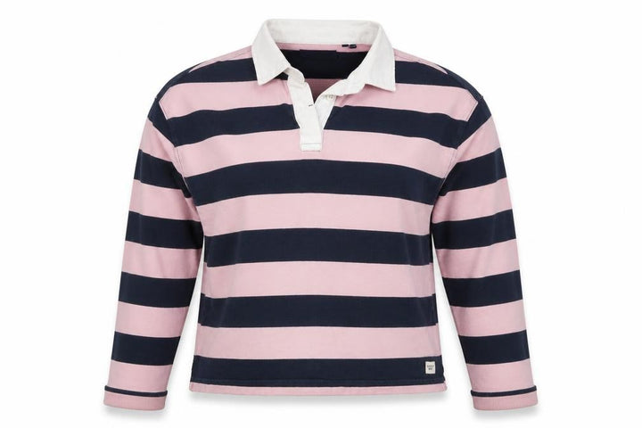 Superdry Women Pink Navy Stripe Cotton Collared Henley Sweatshirt UK 12
