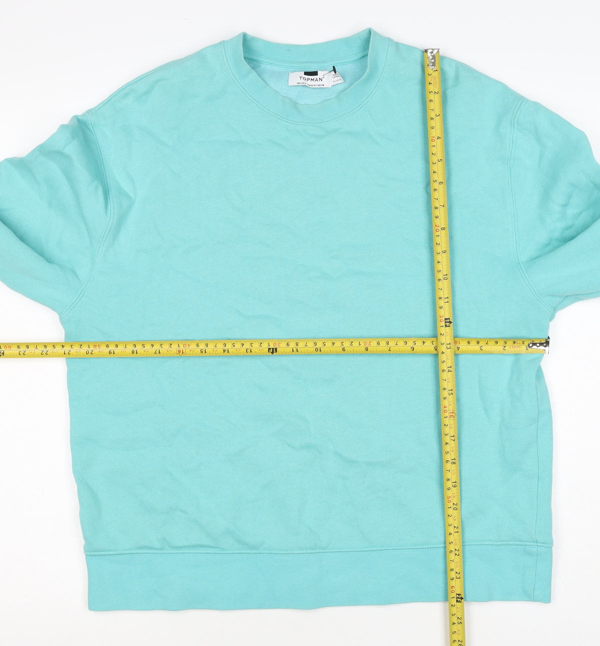 Brand and care label for Topman Men's Blue S Pullover Crew Neck Cotton Blend Sweatshirt