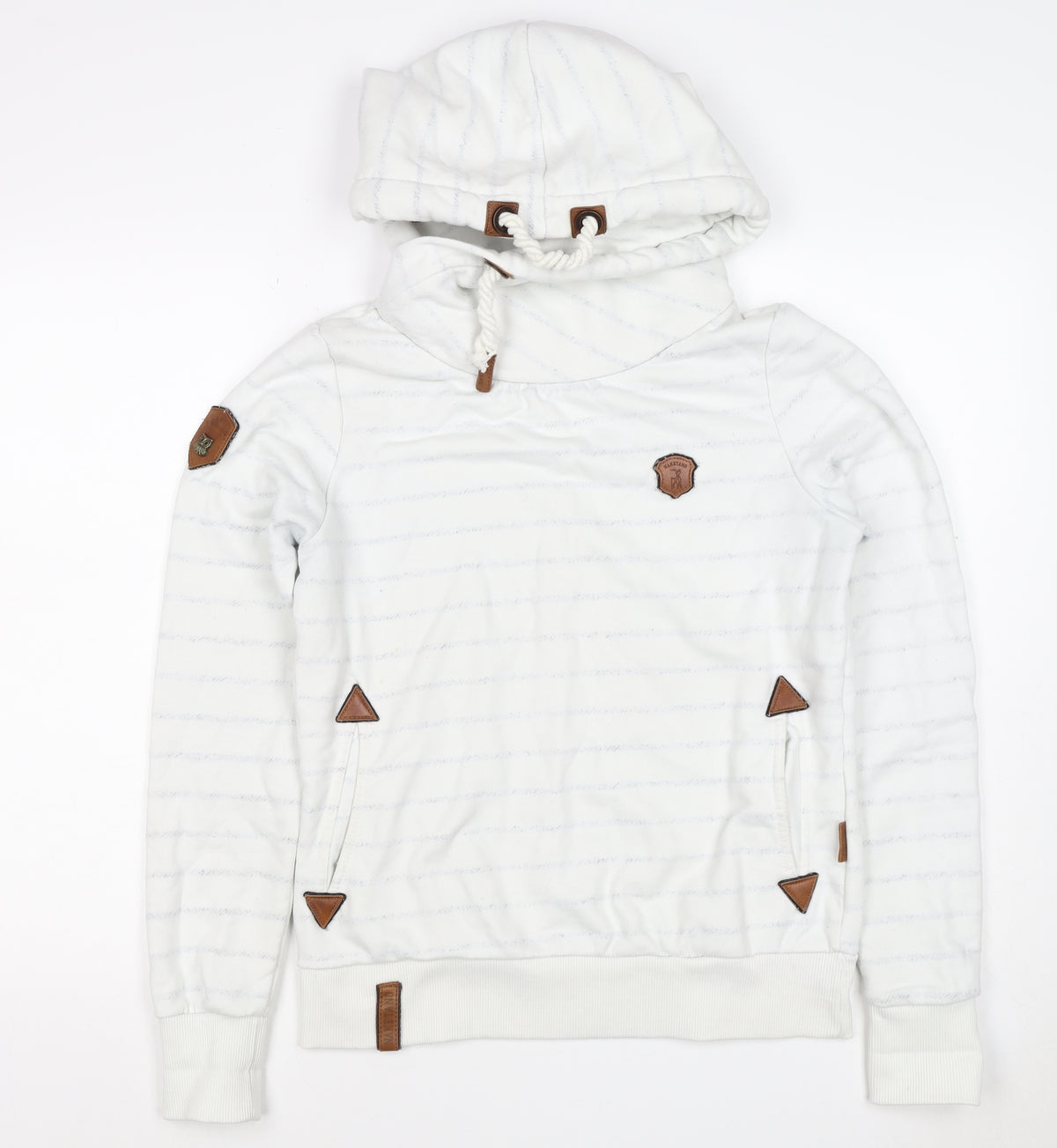 Back view of Naketano Women's White M Striped Pullover Hoodie Hooded Pockets