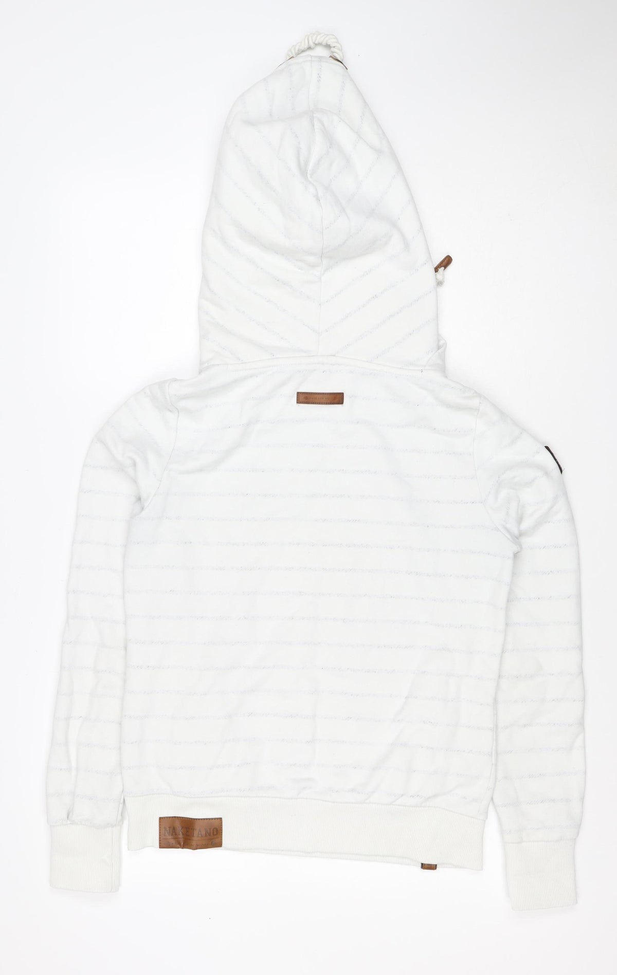 Close-up detail of Naketano Women's White M Striped Pullover Hoodie Hooded Pockets