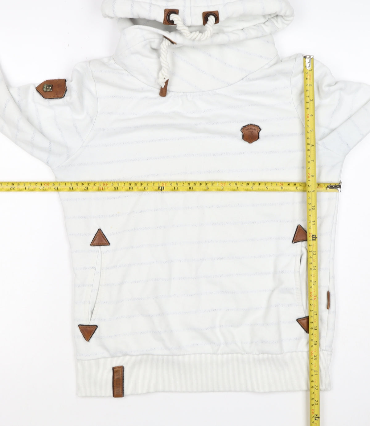 Brand and care label for Naketano Women's White M Striped Pullover Hoodie Hooded Pockets