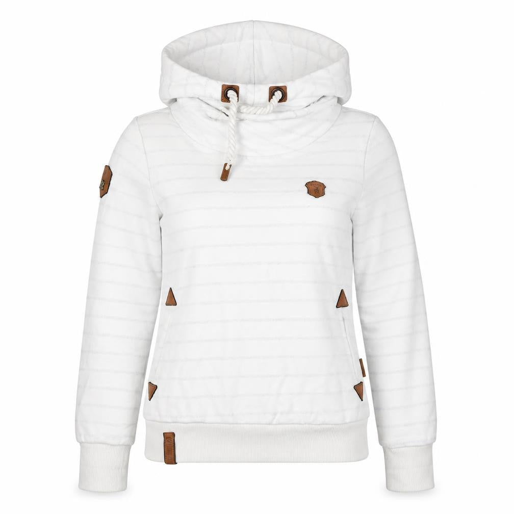 Front view of Naketano Women's White M Striped Pullover Hoodie Hooded Pockets