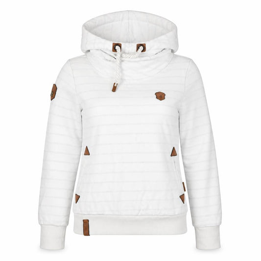 Front view of Naketano Women's White M Striped Pullover Hoodie Hooded Pockets